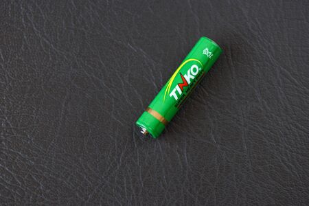 Moscow, Russian Federation - April 24, 2019: A tinko AAA battery. Shenzhen Tinko Battery Co. Ltd is a China battery manufacturer headquartered in Shenzhen, China.のeditorial素材