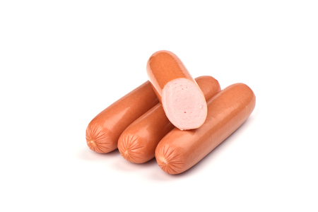 Several fresh boiled sausages isolated on white background. Copy spaceの写真素材