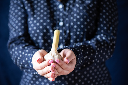 Garlic in the hands of the girl. A girl with a manicure holds garlic. Close up