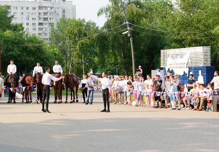 Moscow, Russia - June 09, 2019. Demonstration performances of cadets of the Kremlin riding school. Sabers exercisesのeditorial素材