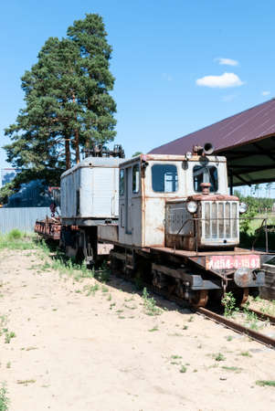 Yaroslavl region, Talitsy village, Russia, July 19, 2015: Pereslavl railway museum. The narrow-gauge diesel locomotive is made of caterpillar tractor units.のeditorial素材