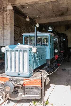 Yaroslavl region, Talitsy village, Russia, July 19, 2015: Pereslavl railway museum. The narrow-gauge diesel locomotive is made of caterpillar tractor units.のeditorial素材
