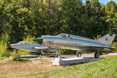 Moscow region, the city of Lukhovitsy, Russia, August 22, 2015: Monuments to jet aircraft MiG-21 and...