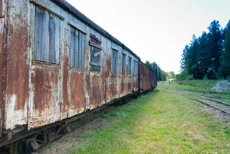 Yaroslavl region, Talitsy village, Russia, July 19, 2015: Pereslavl railway museum. Old rusty wagons...
