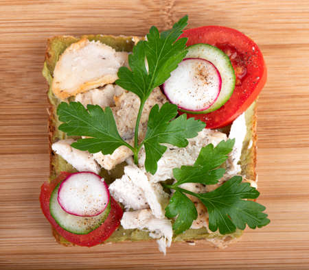 Healthy food sandwich whole grain bread on a wooden background.の写真素材