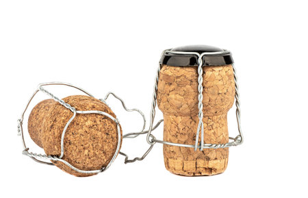 Two corks of champagne with muselet isolated on white background.の写真素材