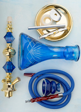 Top view of a complete set of disassembled hookah. Details of the disassembled hookah.の写真素材