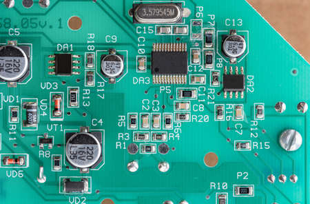 Top view of an electronics circuit board with details.