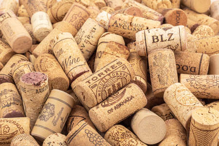 Moscow, Russia. Feb 7, 2022: Full frame of bottle corks from different types of wine. Background...