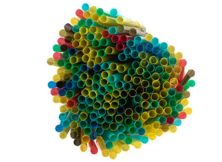Top view of multicolored cocktail tubes isolated on white background.