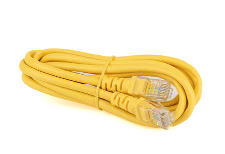 Yellow cable with RJ45 connectors on a white background.