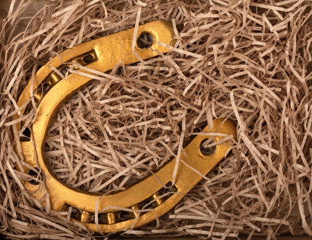 Horseshoe painted in bronze color as a symbol of good luck or success. top view.の写真素材