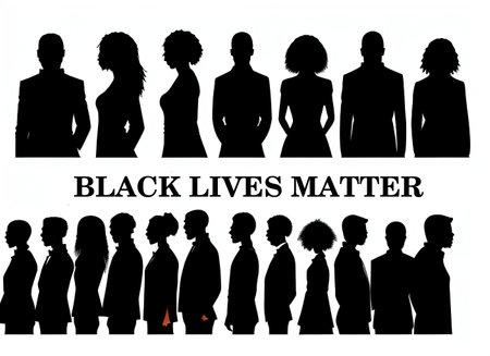 Rows of people and the inscription Black Lives Matter, AI generated. Silhouettes of women and men.の素材