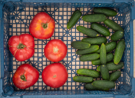 Top view of ripe tomatoes and cucumbers in a plastic vegetable box.の写真素材