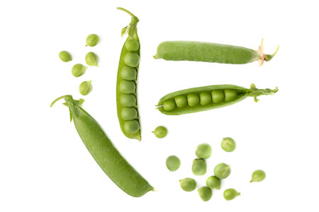 Open and closed pea pods, individual peas on a white background. View from above, flat lay.の写真素材