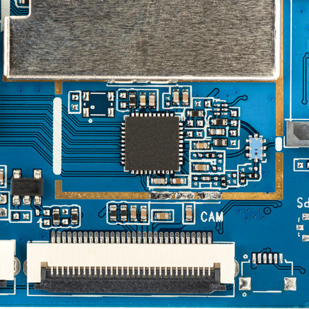 Blue printed circuit board with a microcircuit, radio components and a connector. Close up.