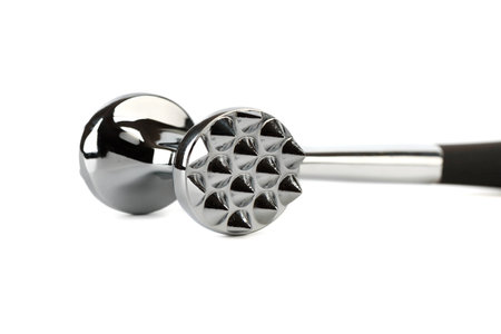 Close-up of a chrome-plated meat tenderizer hammer isolated on a white background.