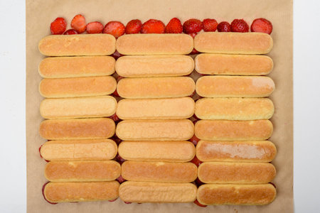 Top view of rows of savoiardi cookies on strawberries. Preparing tiramisu cake at home.の写真素材