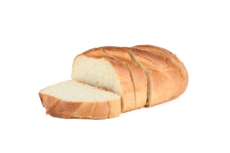 Fresh bread sliced on a white background.