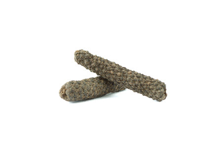 Close up of two dried Indonesian long pepper fruits isolated on white background. Copy space.の写真素材