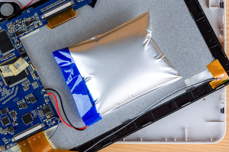 A swollen lithium-ion battery inside a disassembled electronic device on a desk. Concept of electronic repair and battery safetyの写真素材