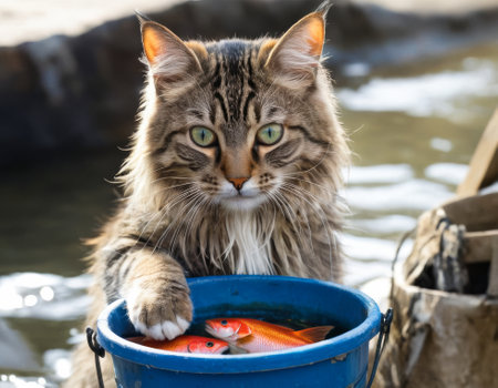 Fluffy tabby cat with green eyes, placing its paw in a blue bucket containing fish, outdoors by a water background, concept of curious pets. Generated AI.の素材
