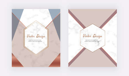 Geometric design cards with nude, blue and gold triangles on the marble texture.のイラスト素材