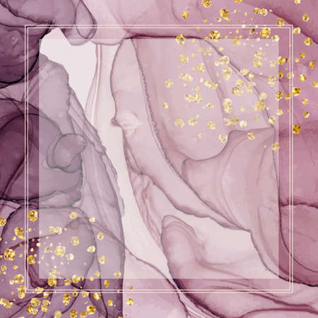 Purple alcohol ink banner with geometric frame and glitter confetti.のイラスト素材