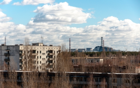 View from pripyat hotel with nuclear power plantのeditorial素材