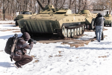 Military vehicle in chernobyl in the winterのeditorial素材