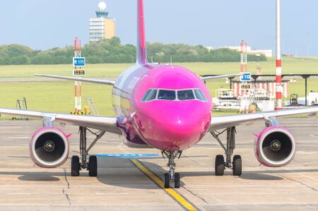 BUDAPEST, HUNGARY - MAY 12: Wizzair airplane ready to take off. After the bankruptcy of MALEV in Hungary low-cost airlines gain market share.のeditorial素材