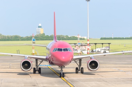 BUDAPEST, HUNGARY - MAY 12: Wizzair airplane ready to take off. After the bankruptcy of MALEV in Hungary low-cost airlines gain market share.のeditorial素材