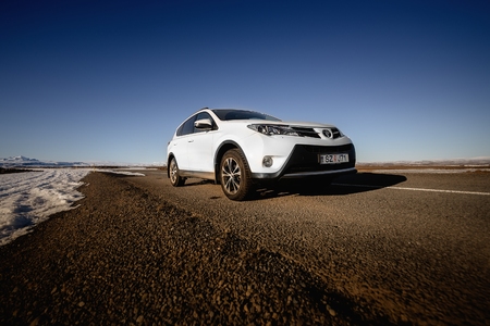 VIK, ICELAND - MAY 08, 2015. Toyota RAV4 four wheel drive SUV for unpaved roads and terrain