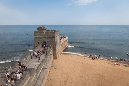 SHANHAIGUAN, CHINA - JULY 13, 2016: Old Dragons Head beginning of the Great Wall. Also called Shanhai Pass, is a part of the city of Qinhuangdao. It literally means "The Pass of Mountain and Sea".のeditorial素材