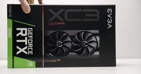 BUDAPEST, HUNGARY - CIRCA 2020: EVGA gForce RTX 3080 graphics card, ehich features Ampere...