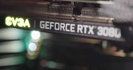 BUDAPEST, HUNGARY - CIRCA 2020: EVGA gForce RTX 3080 graphics card which features Ampere architecture and raytracing technologyのeditorial素材