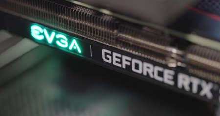BUDAPEST, HUNGARY - CIRCA 2020: EVGA gForce RTX 3080 graphics card which features Ampere architecture and raytracing technologyのeditorial素材