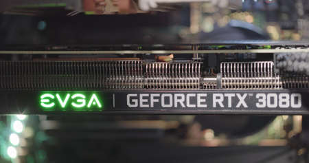 BUDAPEST, HUNGARY - CIRCA 2020: EVGA gForce RTX 3080 graphics card which features Ampere...