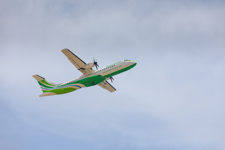 ARECIFE, SPAIN - APRIL, 16 2017: ATR 72 of Binter with the registration EC-MPI take off at Lanzarote...