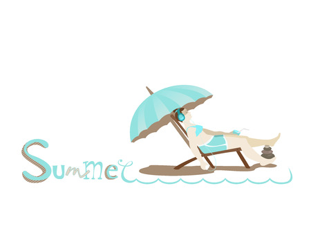 Hand drawing lettering text Summer. Girl with headphones listening to music with a cocktail and sit in a deck chair. Relaxation and recreation. Under turquoise umbrella.のイラスト素材