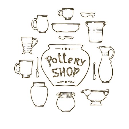 Ceramic ware, cups, jars, spoons, plates. Pottery shop - the inscription on the pot. Vector illustration, isolated.のイラスト素材