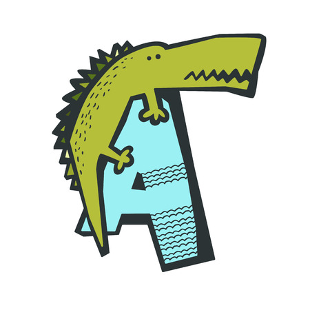 Cute cartoon alligator on top of letter A isolated in white. Cute animal alphabet for ABC book.のイラスト素材