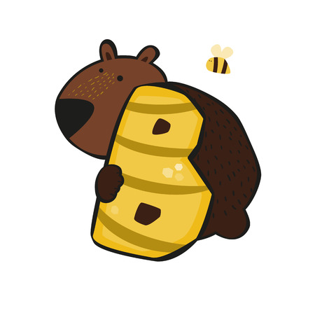 Cute cartoon bear on top of letter B isolated in white. Cute animal alphabet for ABC book.のイラスト素材