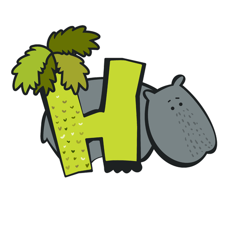 Cute cartoon hippo on behind letter H isolated in white. Cute animal alphabet for ABC book.のイラスト素材
