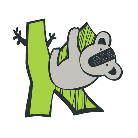 Cute cartoon koala hanging on letter K isolated in white. Cute animal alphabet for ABC book.のイラスト素材