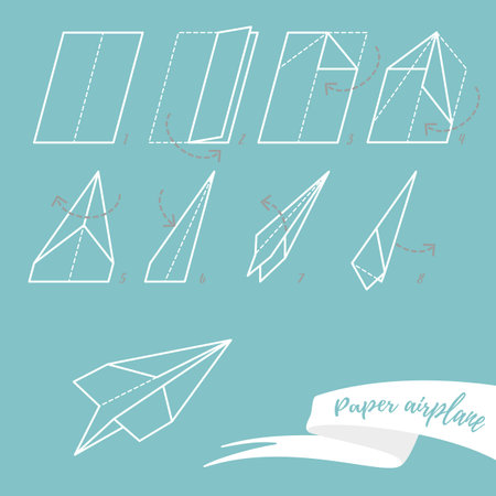 The scheme of folding a paper airplane, eight simple steps in blue background.のイラスト素材