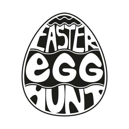 Black and white Lettering design. Easter egg hunt inscription on egg silhouette isolated on white.のイラスト素材