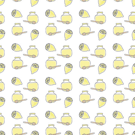 Vector seamless pattern honey and lemon in doodle styleのイラスト素材