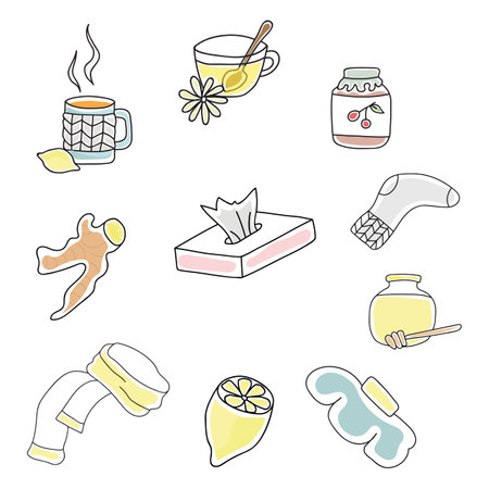 Vector illustration set of cold treatment in doodle styleのイラスト素材