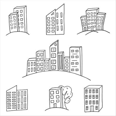 Vector illustration of a set of multi-storey houses in doodle styleのイラスト素材